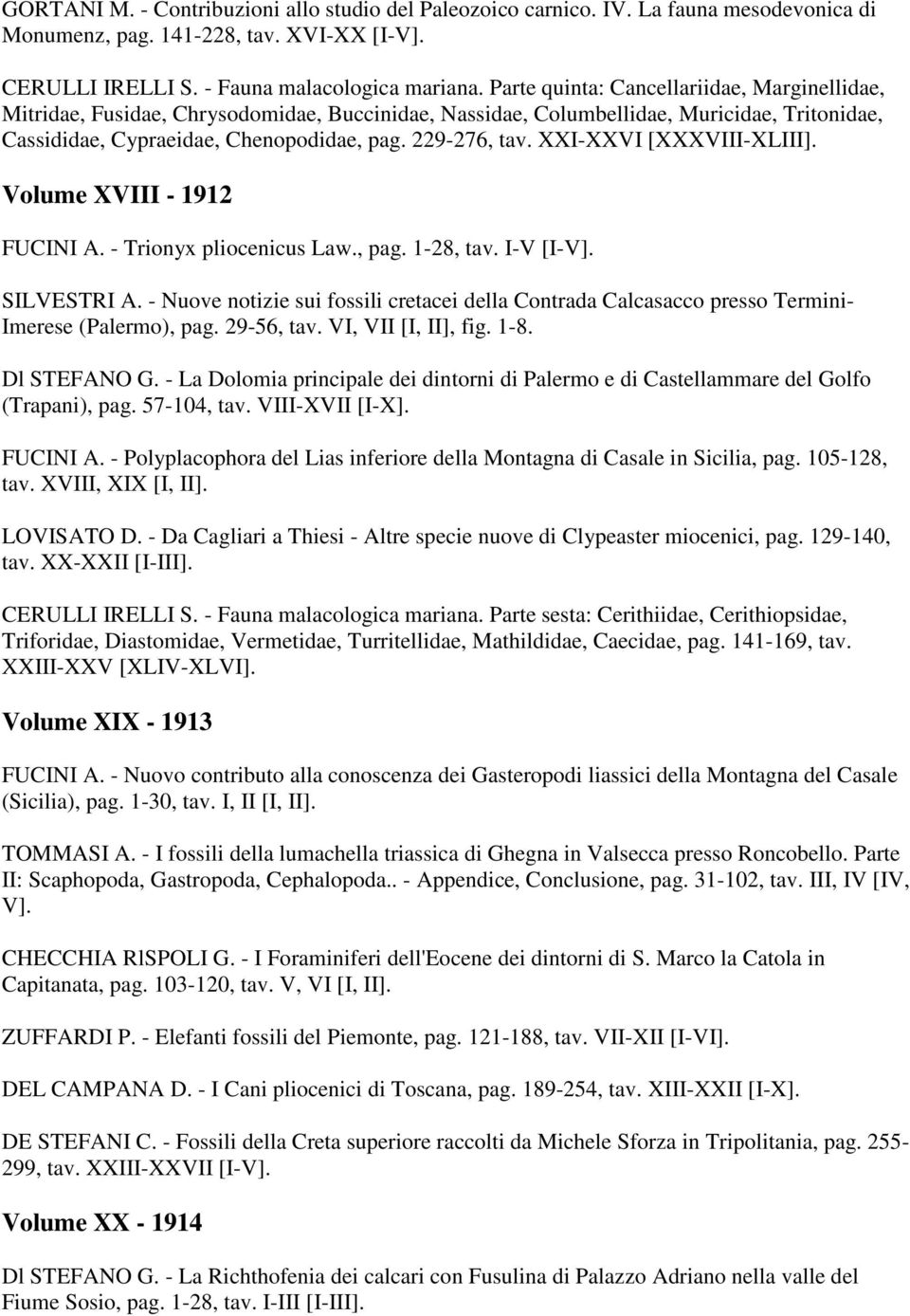 XXI-XXVI [XXXVIII-XLIII]. Volume XVIII - 1912 FUCINI A. - Trionyx pliocenicus Law., pag. 1-28, tav. I-V [I-V]. SILVESTRI A.