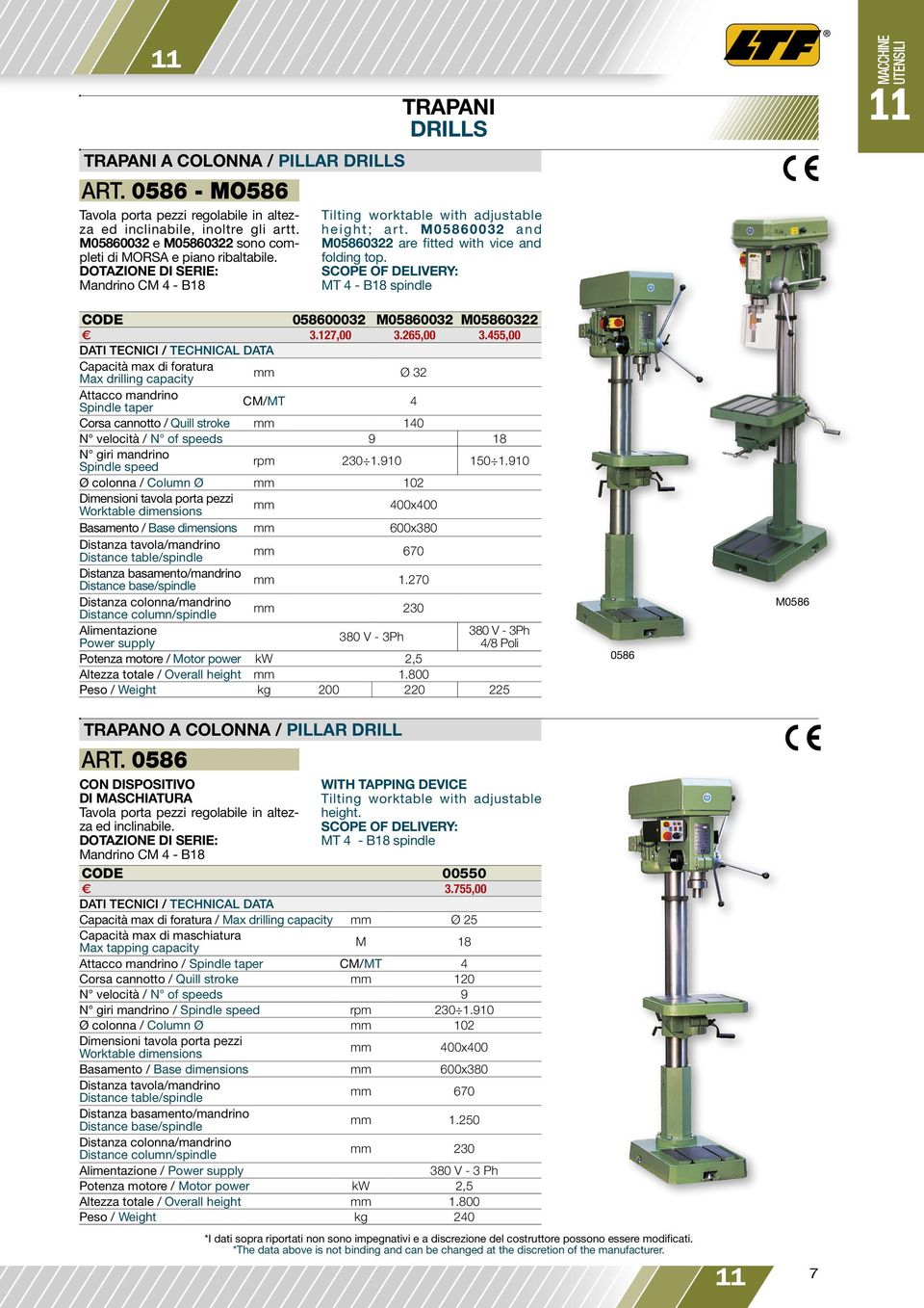 SCOPE OF DELIVERY: MT 4 - B18 spindle MACCHINE CODE 058600032 M05860032 M05860322 3.127,00 3.265,00 3.