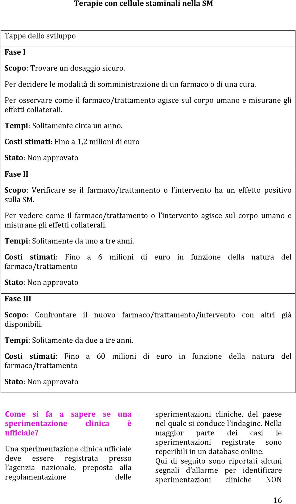 Costi stimati: Fino a 1,2 milioni di euro Stato: Non approvato Fase II Scopo: Verificare se il farmaco/trattamento o l intervento ha un effetto positivo sulla SM.