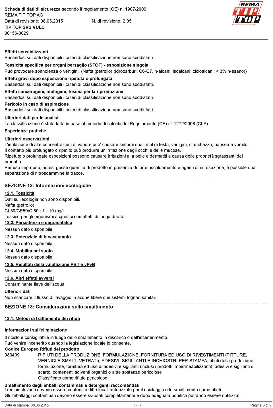 Pericolo in caso di aspirazione Ulteriori dati per le analisi La classificazione è stata fatta in base al metodo di calcolo del Regolamento (CE) n 1272/2008 (CLP).