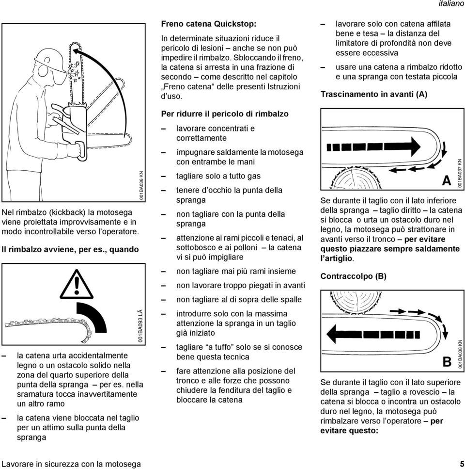 nella sramatura tocca inavvertitamente un altro ramo la catena viene bloccata nel taglio per un attimo sulla punta della spranga 001BA036 KN 001BA093 LÄ Freno catena Quickstop: In determinate