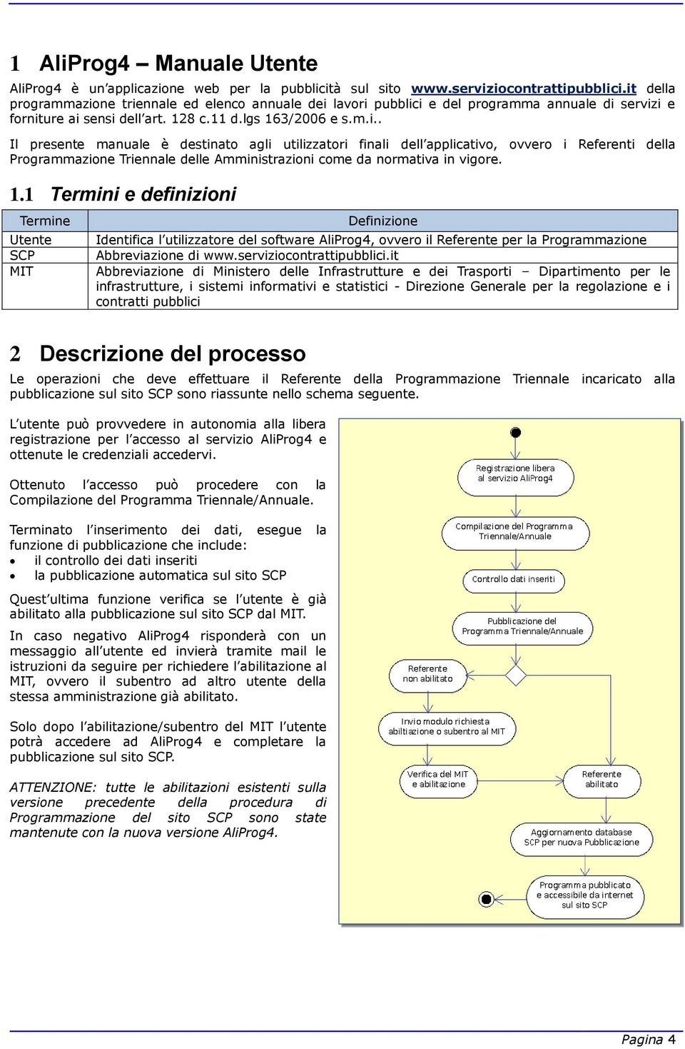 1.1 Termini e definizioni Termine Utente SCP MIT Definizione Identifica l utilizzatore del software AliProg4, ovvero il Referente per la Programmazione Abbreviazione di www.serviziocontrattipubblici.