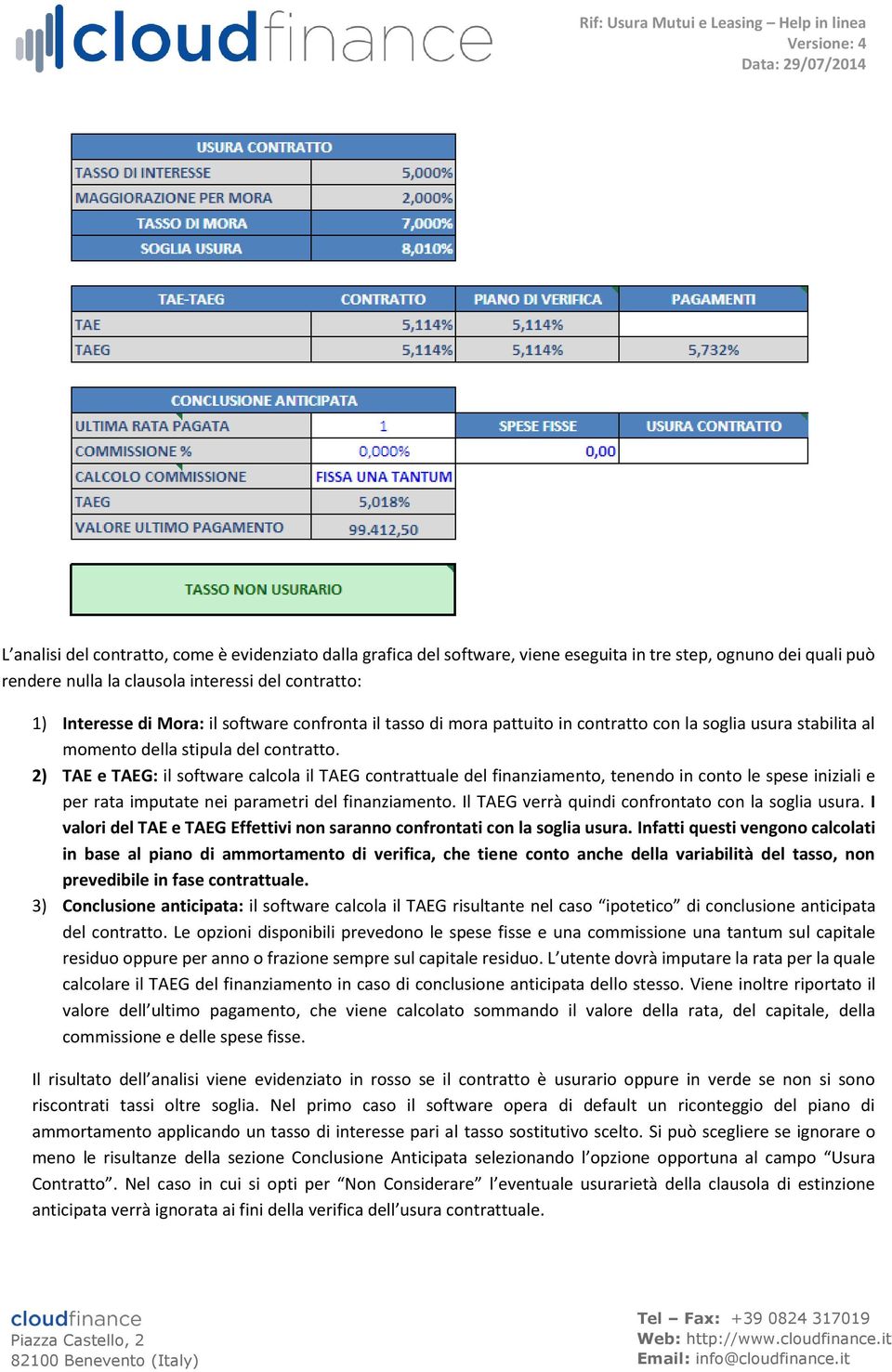 2) TAE e TAEG: il software calcola il TAEG contrattuale del finanziamento, tenendo in conto le spese iniziali e per rata imputate nei parametri del finanziamento.