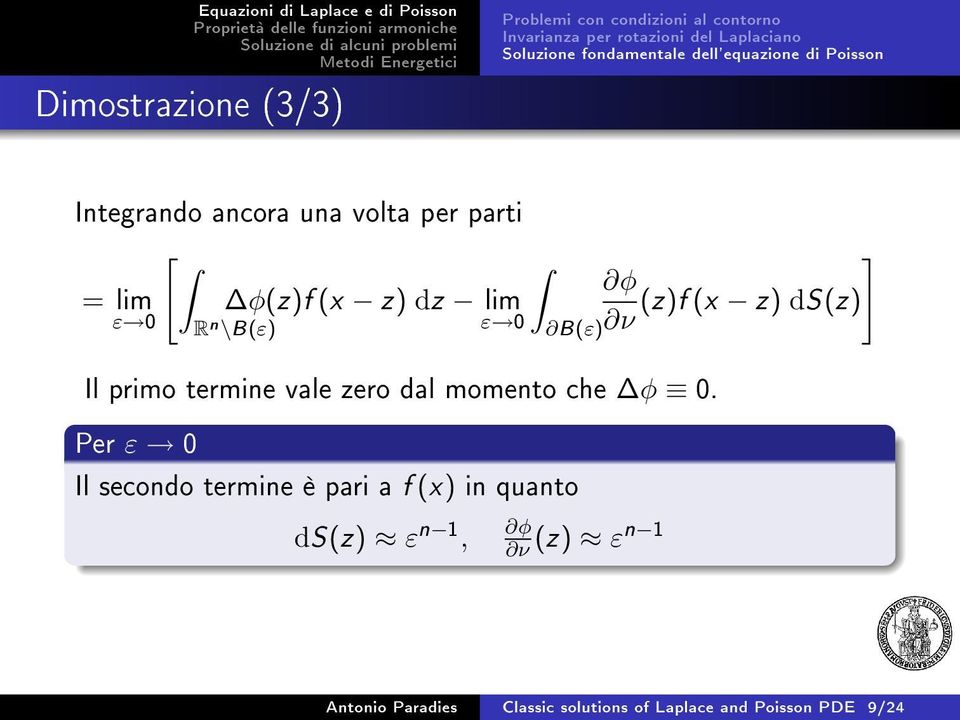 (z)f (x z) ds(z) ε 0 R n \B(ε) ε 0 B(ε) ν Il primo termine vale zero dal momento che φ 0.