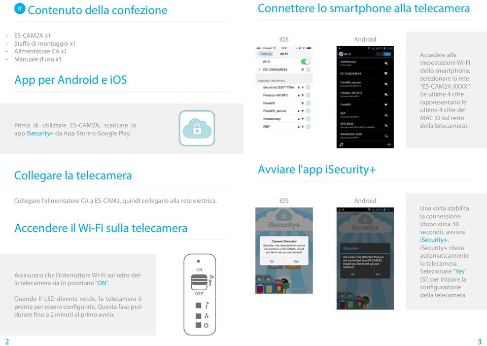 Accedere alle impostazioni Wi-Fi dello smartphone, selezionare la rete "ES-CAM2A XXXX" (le ultime 4 cifre rappresentano le ultime 4 cifre del MAC ID sul retro della telecamera).