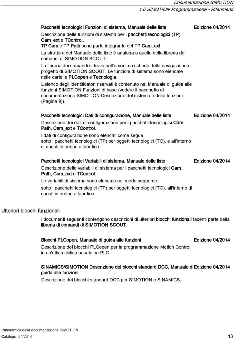 TP Cam e TP Path sono parte integrante del TP Cam_ext. La struttura del Manuale delle liste è analoga a quella della libreria dei comandi di SIMOTION SCOUT.