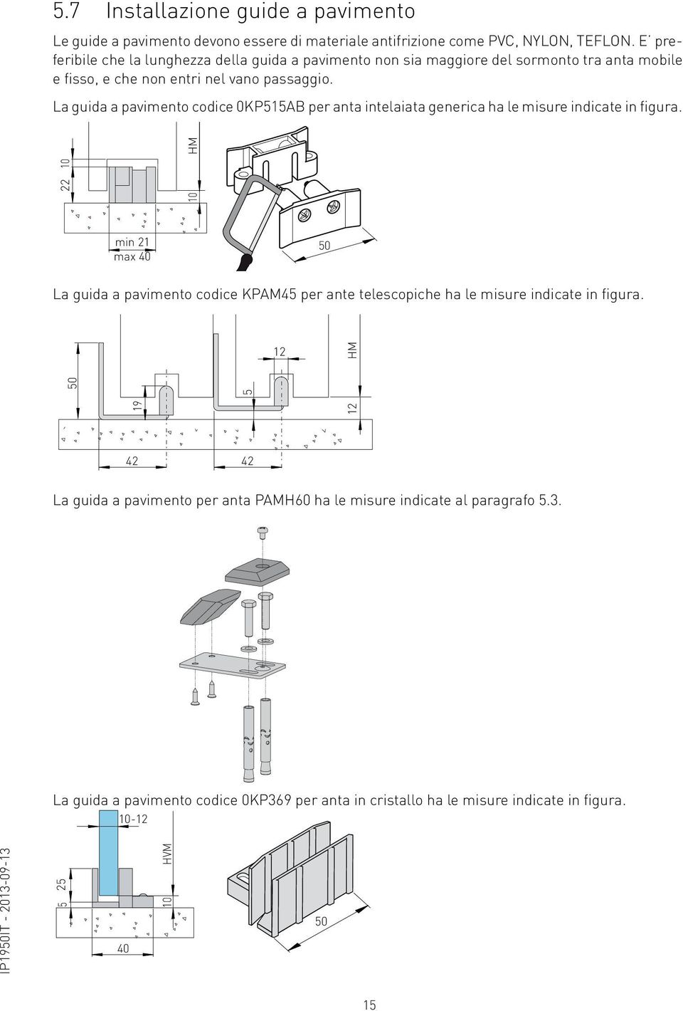 La guida a pavimento codice 0KP515AB per anta intelaiata generica ha le misure indicate in figura.