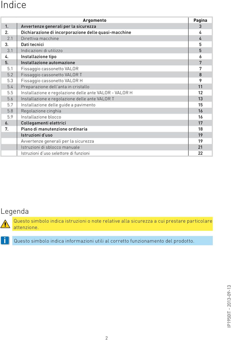 5 Installazione e regolazione delle ante VALOR - VALOR H 12 5.6 Installazione e regolazione delle ante VALOR T 13 5.7 Installazione delle guide a pavimento 15 5.8 Regolazione cinghia 16 5.