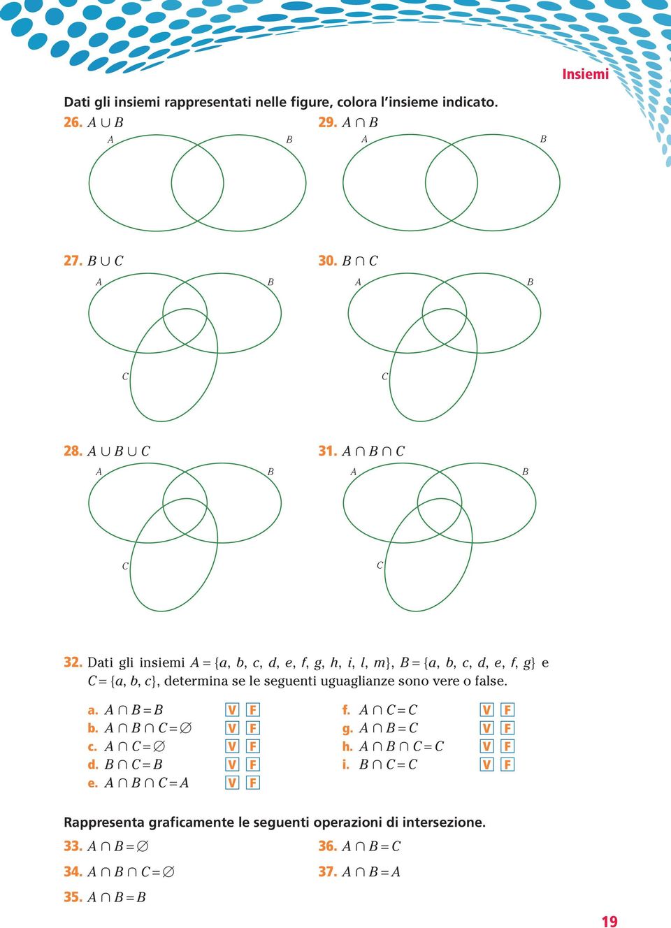 Dati gli insiemi = {a, b, c, d, e, f, g, h, i, l, m}, = {a, b, c, d, e, f, g} e C = {a, b, c}, determina se le seguenti