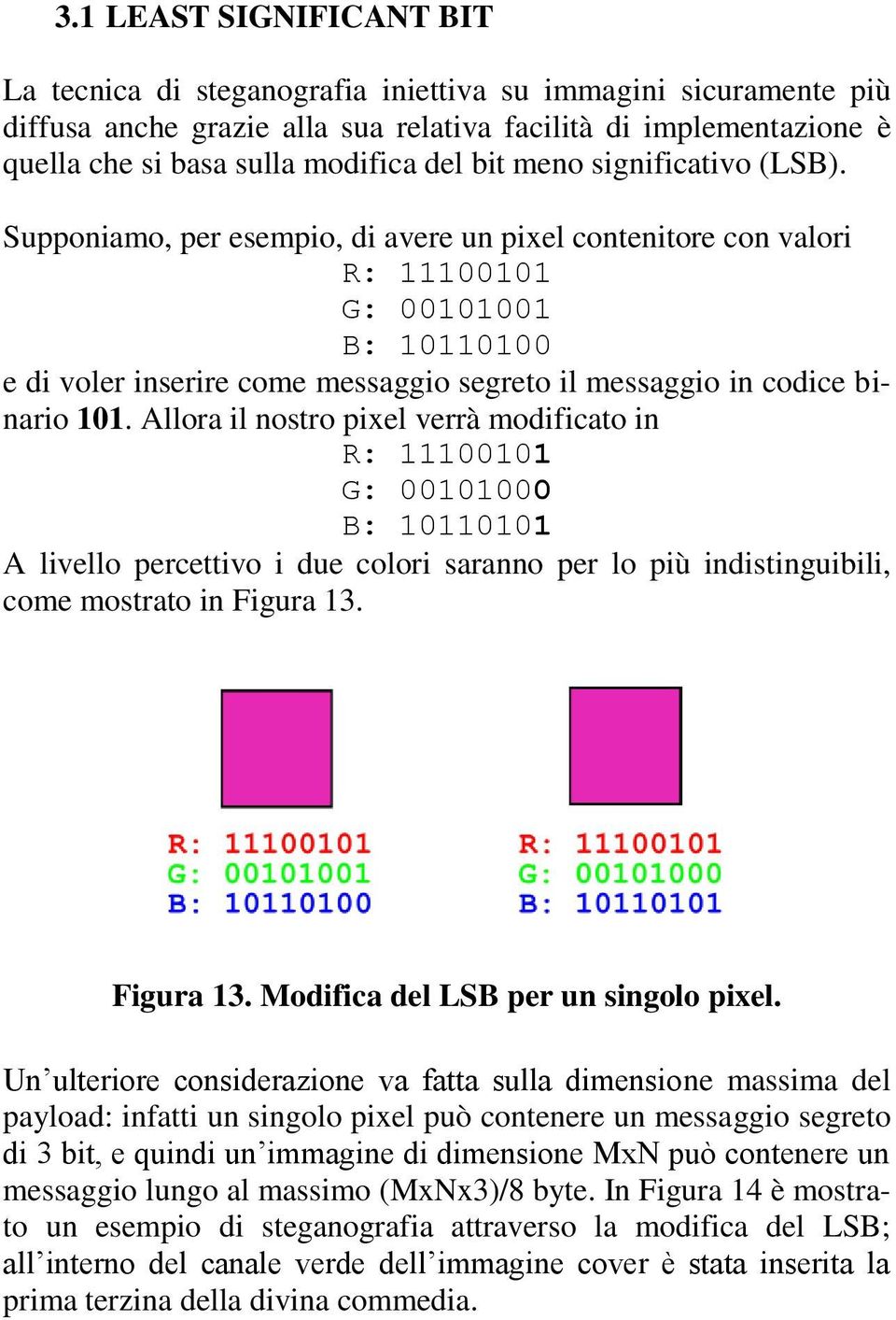 Supponiamo, per esempio, di avere un pixel contenitore con valori R: 11100101 G: 00101001 B: 10110100 e di voler inserire come messaggio segreto il messaggio in codice binario 101.