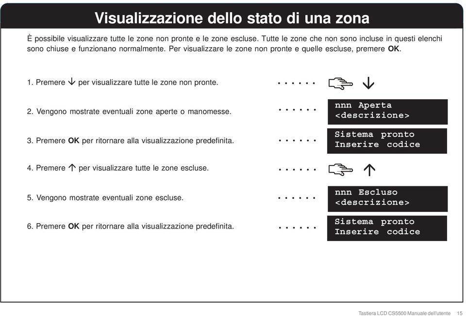 Premere per visualizzare tutte le zone non pronte. 2. Vengono mostrate eventuali zone aperte o manomesse. nnn Aperta <descrizione> 3.