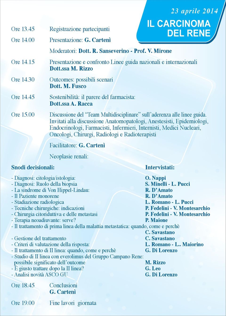 ssa A. Racca Ore 15.00 Discussione del Team Multidisciplinare sull aderenza alle linee guida.