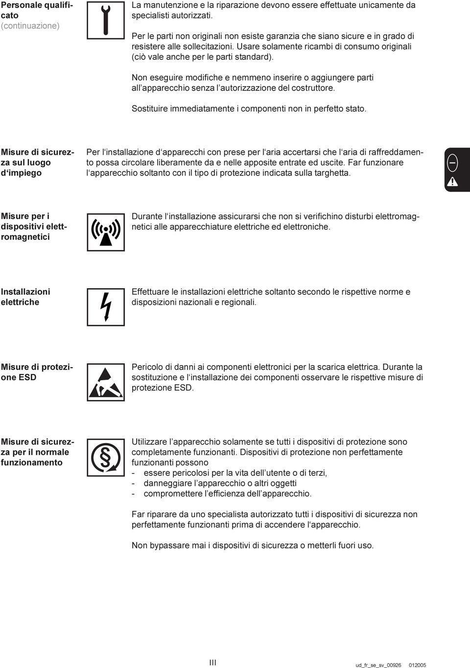 Non eseguire modifiche e nemmeno inserire o aggiungere parti all apparecchio senza l autorizzazione del costruttore. Sostituire immediatamente i componenti non in perfetto stato.