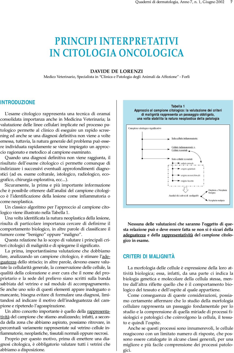 citologico rappresenta una tecnica di oramai consolidata importanza anche in Medicina Veterinaria; la valutazione delle linee cellulari implicate nel processo patologico permette al clinico di