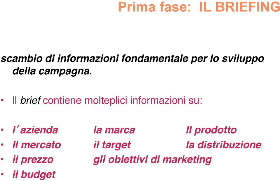 Il brief contiene molteplici informazioni su: l azienda la