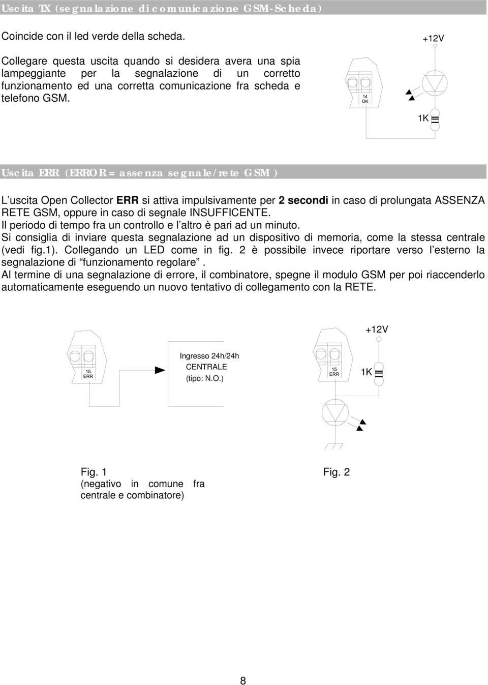 1K Uscita ERR (ERROR = assenza segnale/rete GSM ) L uscita Open Collector ERR si attiva impulsivamente per 2 secondi in caso di prolungata ASSENZA RETE GSM, oppure in caso di segnale INSUFFICENTE.