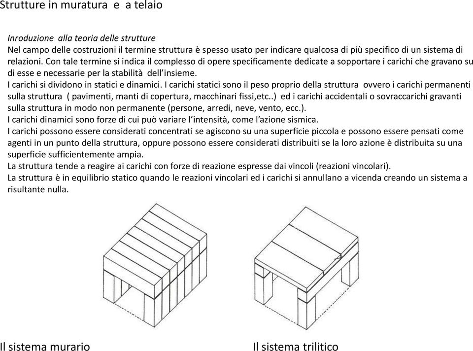 I carichi si dividono in statici e dinamici. I carichi statici sono il peso proprio della struttura ovvero i carichi permanenti sulla struttura ( pavimenti, manti di copertura, macchinari fissi,etc.