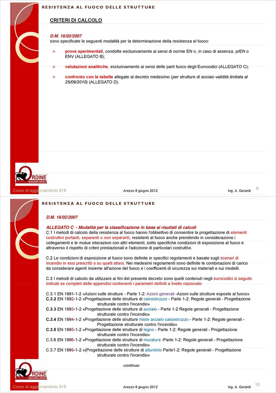 (ALLEGATO B); valutazioni analitiche, esclusivamente ai sensi delle parti fuoco degli Eurocodici (ALLEGATO C); confronto con le tabelle allegate al decreto medesimo (per strutture di acciaio validità