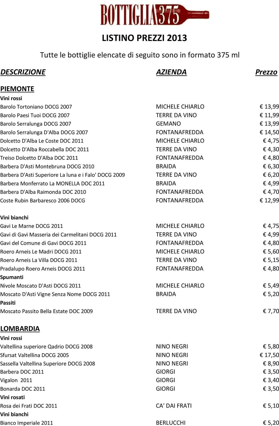 2010 BRAIDA 6,30 Barbera D'Asti Superiore La luna e i Falo' DOCG 2009 TERRE DA VINO 6,20 Barbera Monferrato La MONELLA DOC 2011 BRAIDA 4,99 Barbera D'Alba Raimonda DOC 2010 FONTANAFREDDA 4,70 Coste