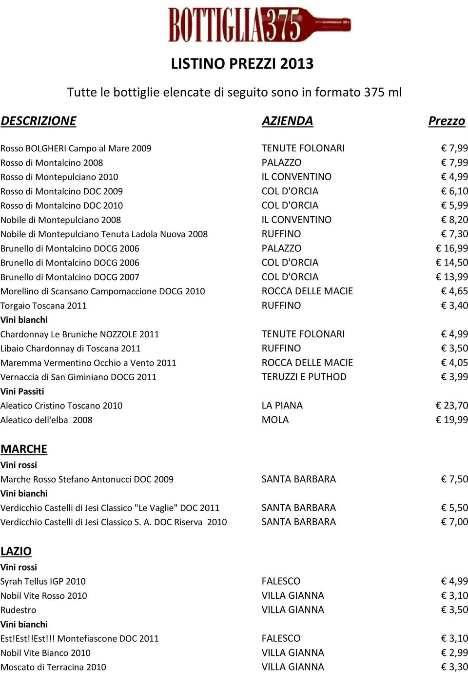 Brunello di Montalcino DOCG 2006 COL D'ORCIA 14,50 Brunello di Montalcino DOCG 2007 COL D'ORCIA 13,99 Morellino di Scansano Campomaccione DOCG 2010 ROCCA DELLE MACIE 4,65 Torgaio Toscana 2011 RUFFINO