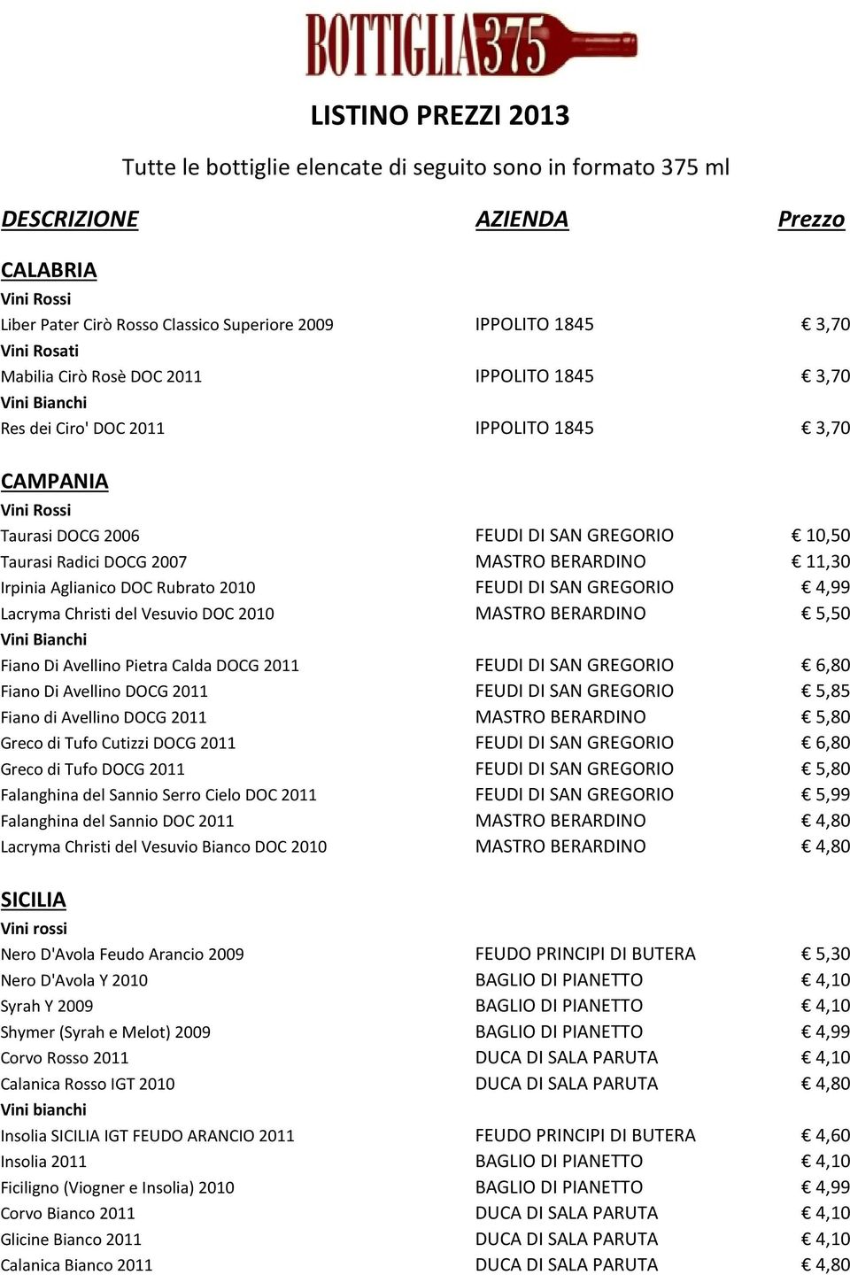 Vesuvio DOC 2010 MASTRO BERARDINO 5,50 Vini Bianchi Fiano Di Avellino Pietra Calda DOCG 2011 FEUDI DI SAN GREGORIO 6,80 Fiano Di Avellino DOCG 2011 FEUDI DI SAN GREGORIO 5,85 Fiano di Avellino DOCG