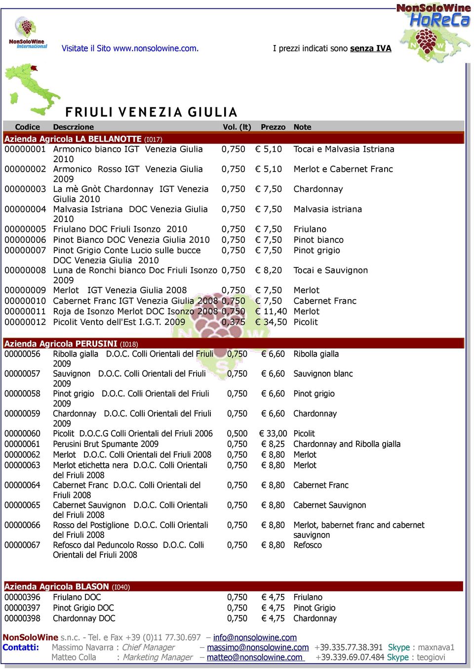 Merlot e Cabernet Franc 2009 00000003 La mè Gnòt Chardonnay IGT Venezia 0,750 7,50 Chardonnay Giulia 2010 00000004 Malvasia Istriana DOC Venezia Giulia 0,750 7,50 Malvasia istriana 2010 00000005