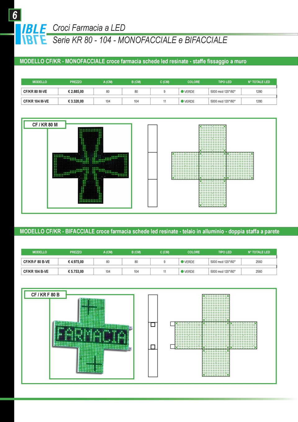 320,00 104 104 11 VERDE 5000 mcd 120 /60 1280 CF / KR 80 M MODELLO CF/KR - BIFACCIALE croce farmacia schede led resinate - telaio in alluminio - doppia staffa a parete