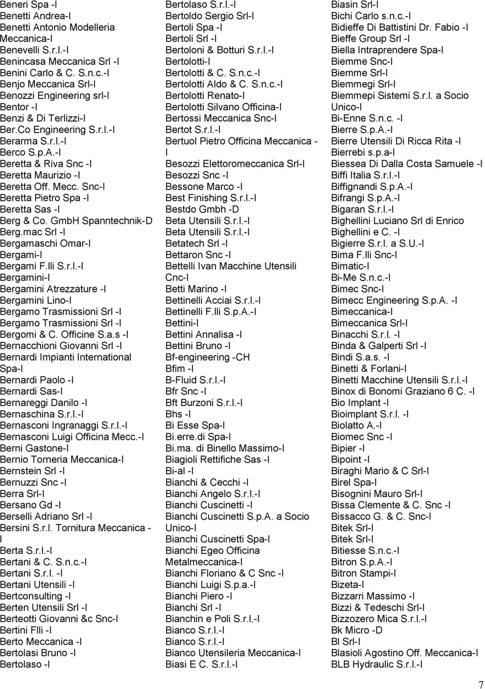 mac Srl - Bergamaschi Omar- Bergami- Bergami F.lli S.r.l.- Bergamini- Bergamini Atrezzature - Bergamini Lino- Bergamo Trasmissioni Srl - Bergamo Trasmissioni Srl - Bergomi & C. Officine S.a.s - Bernacchioni Giovanni Srl - Bernardi mpianti nternational Spa- Bernardi Paolo - Bernardi Sas- Bernareggi Danilo - Bernaschina S.