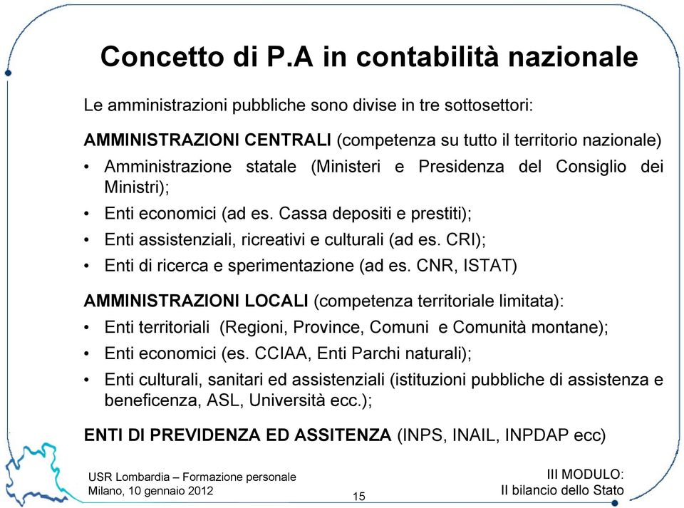 (Ministeri e Presidenza del Consiglio dei Ministri); Enti economici (ad es. Cassa depositi e prestiti); Enti assistenziali, ricreativi e culturali (ad es.