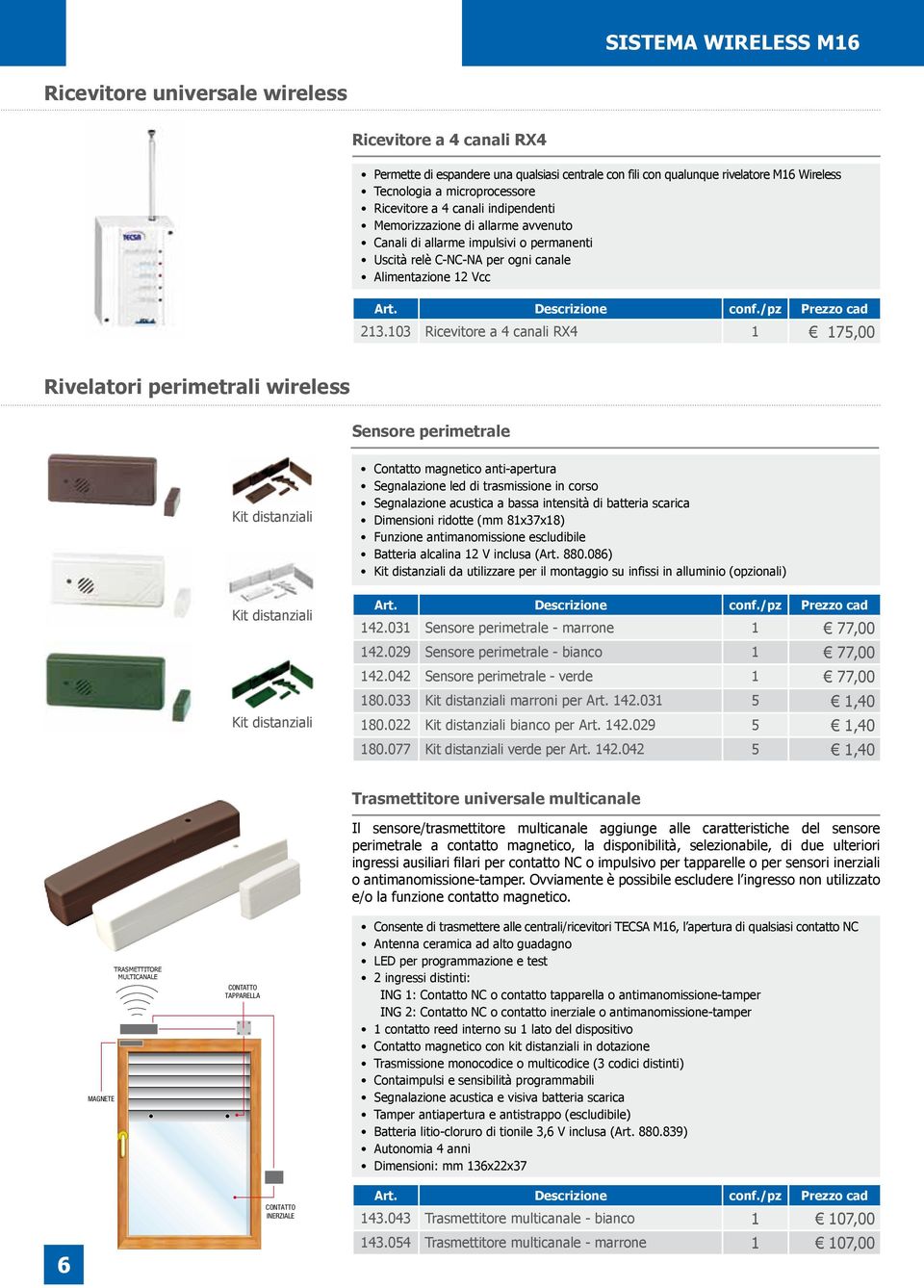 103 Ricevitore a 4 canali RX4 1 175,00 Rivelatori perimetrali wireless nza fili systems Kit distanziali Sensore perimetrale Contatto magnetico anti-apertura Segnalazione led di trasmissione in corso