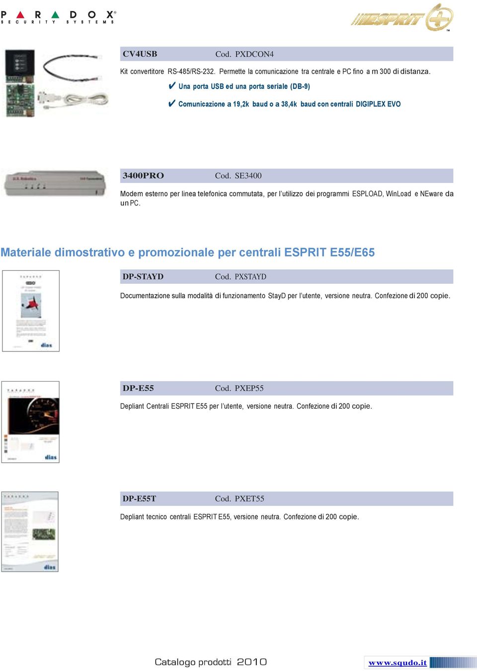 SE3400 Modem esterno per linea telefonica commutata, per l utilizzo dei programmi ESPLOAD, WinLoad e NEware da un PC. Materiale dimostrativo e promozionale per centrali ESPRIT E55/E65 DP-STAYD Cod.