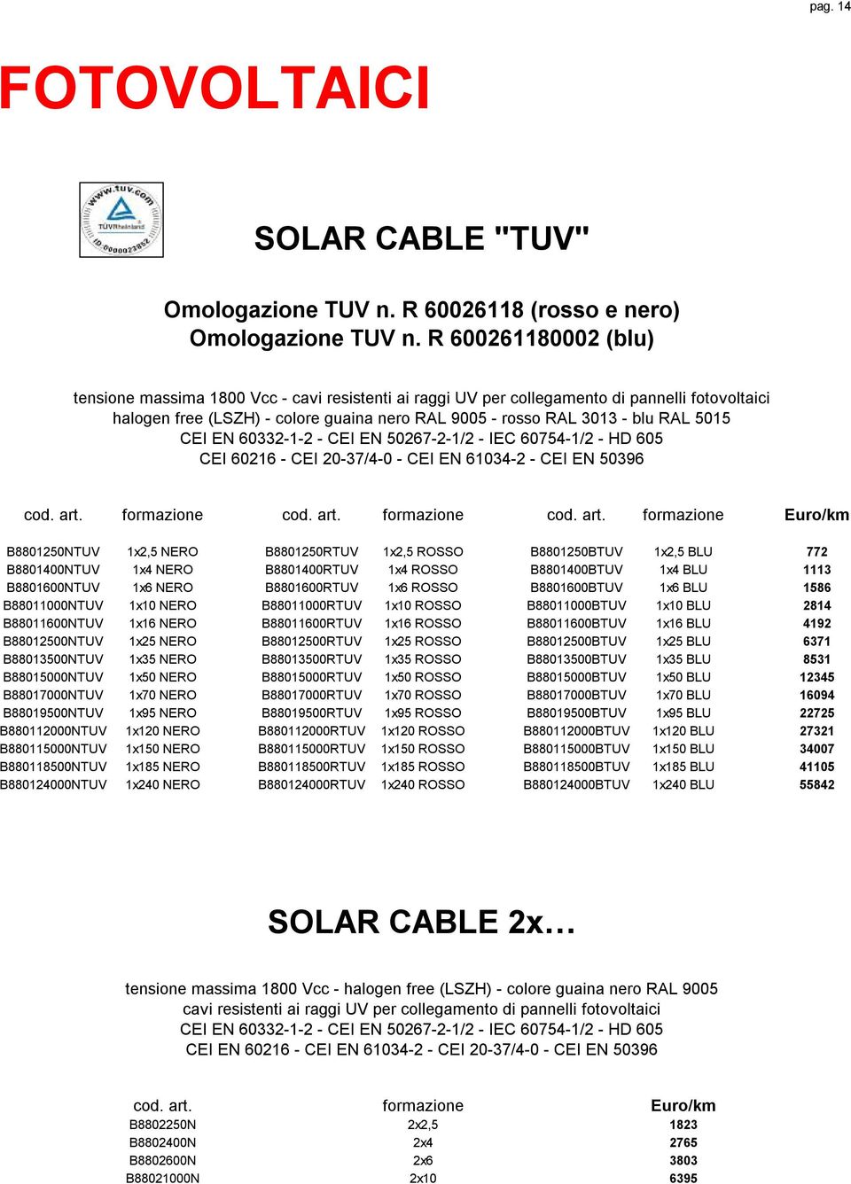 5015 CEI EN 60332-1-2 - CEI EN 50267-2-1/2 - IEC 60754-1/2 - HD 605 CEI 60216 - CEI 20-37/4-0 - CEI EN 61034-2 - CEI EN 50396 cod. art.