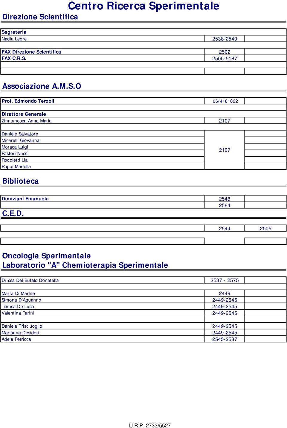 2107 Biblioteca Dimiziani Emanuela 2548 2584 C.E.D. 2544 2505 Oncologia Sperimentale Laboratorio "A" Chemioterapia Sperimentale Dr.