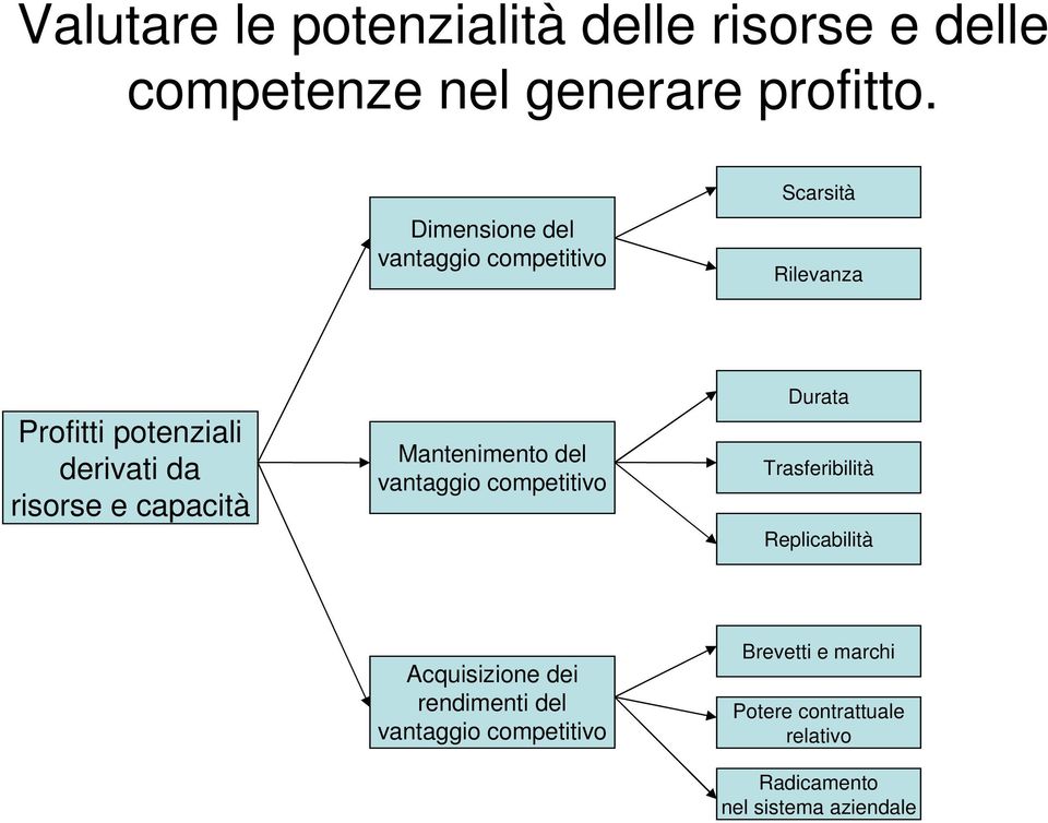 capacità Mantenimento del vantaggio competitivo Durata Trasferibilità Replicabilità Acquisizione