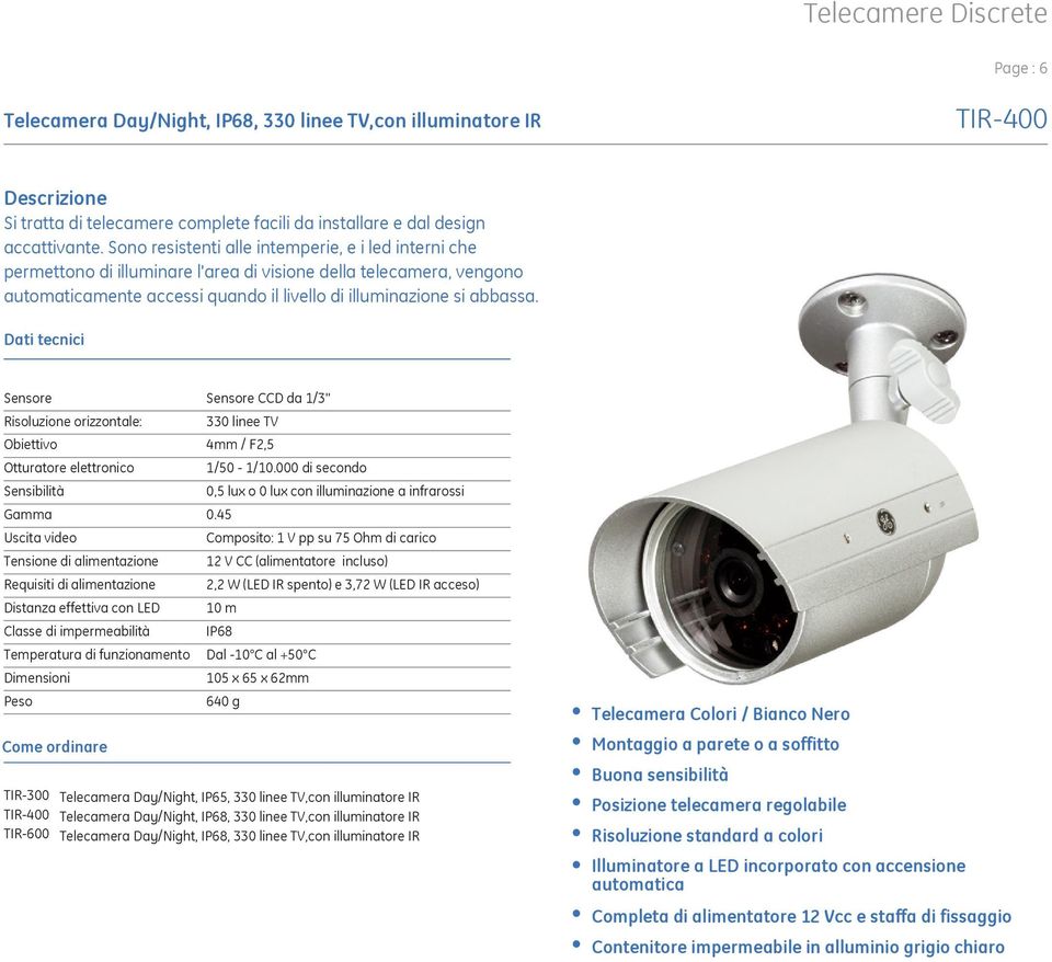 Sensore Sensore CCD da 1/3'' Risoluzione orizzontale: 330 linee TV Obiettivo 4mm / F2,5 Otturatore elettronico 1/50-1/10.