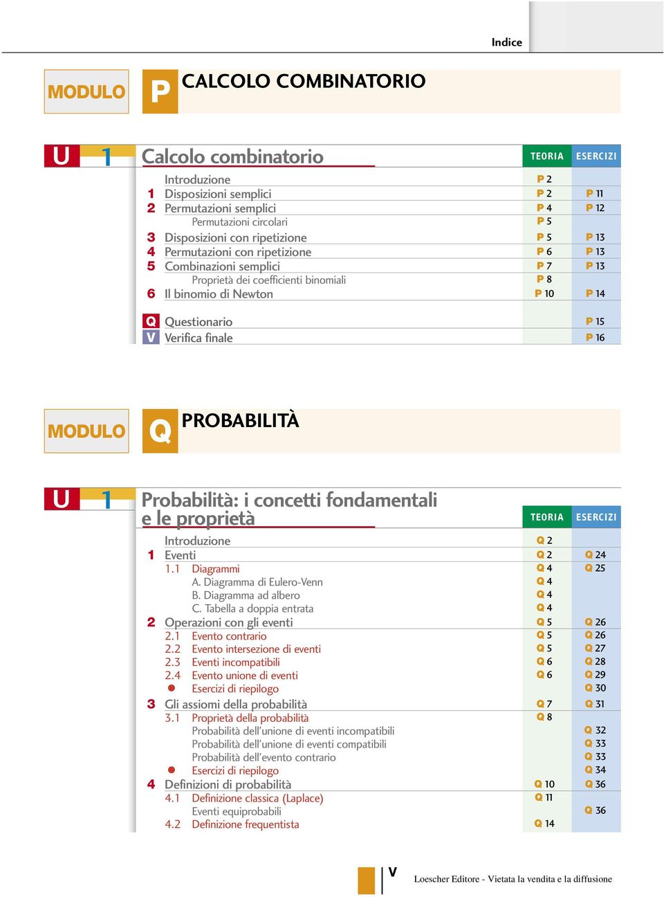 le proprietà Introduzione Q TEORIA Eventi Q Q 4. Diagrammi Q 4 Q 5 A. Diagramma di Eulero-Venn Q 4 B. Diagramma ad albero Q 4 C. Tabella a doppia entrata Q 4 Operazioni con gli eventi Q 5 Q 6.