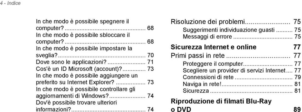 ... 74 Dov'è possibile trovare ulteriori informazioni?... 74 Risoluzione dei problemi... 75 Suggerimenti individuazione guasti... 75 Messaggi di errore.