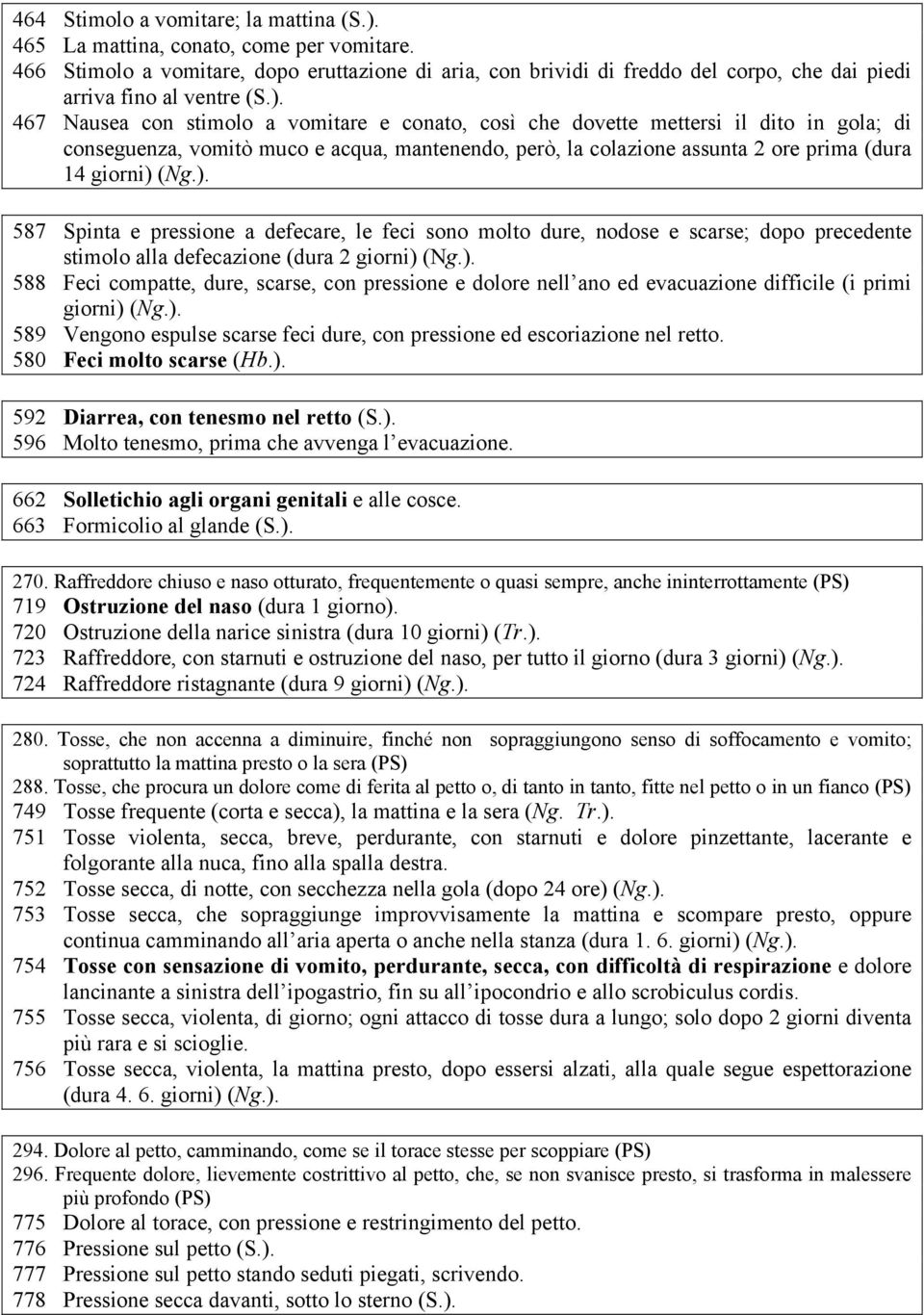 467 Nausea con stimolo a vomitare e conato, così che dovette mettersi il dito in gola; di conseguenza, vomitò muco e acqua, mantenendo, però, la colazione assunta 2 ore prima (dura 14 giorni) 