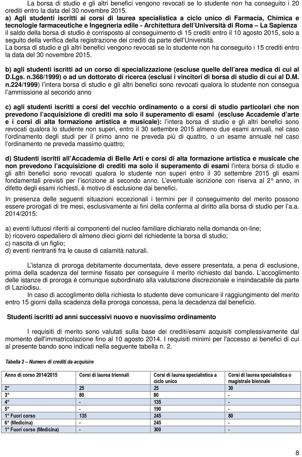 della borsa di studio è corrisposto al conseguimento di 15 crediti entro il 10 agosto 2015, solo a seguito della verifica della registrazione dei crediti da parte dell Università.