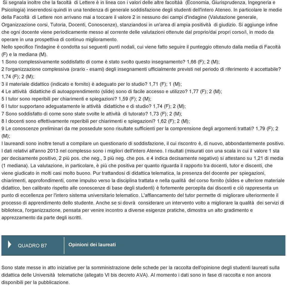 In particolare le medie della Facoltà di Lettere non arrivano mai a toccare il valore 2 in nessuno dei campi d'indagine (Valutazione generale, Organizzazione corsi, Tutoria, Docenti, Conoscenze),