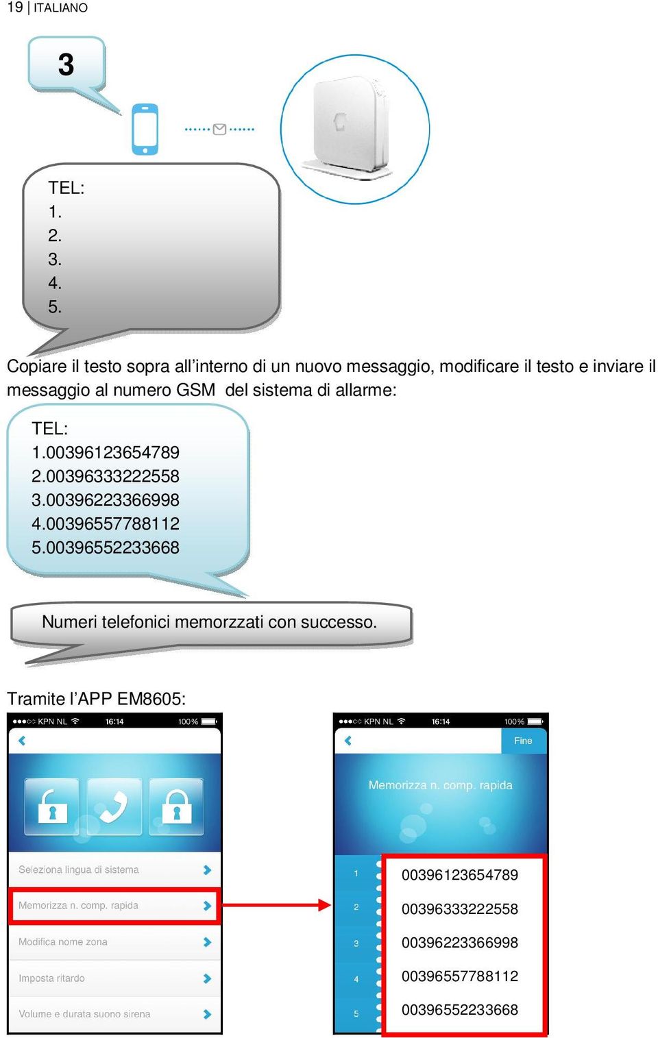 al numero GSM del sistema di allarme: TEL: 1.00396123654789 2.00396333222558 3.00396223366998 4.