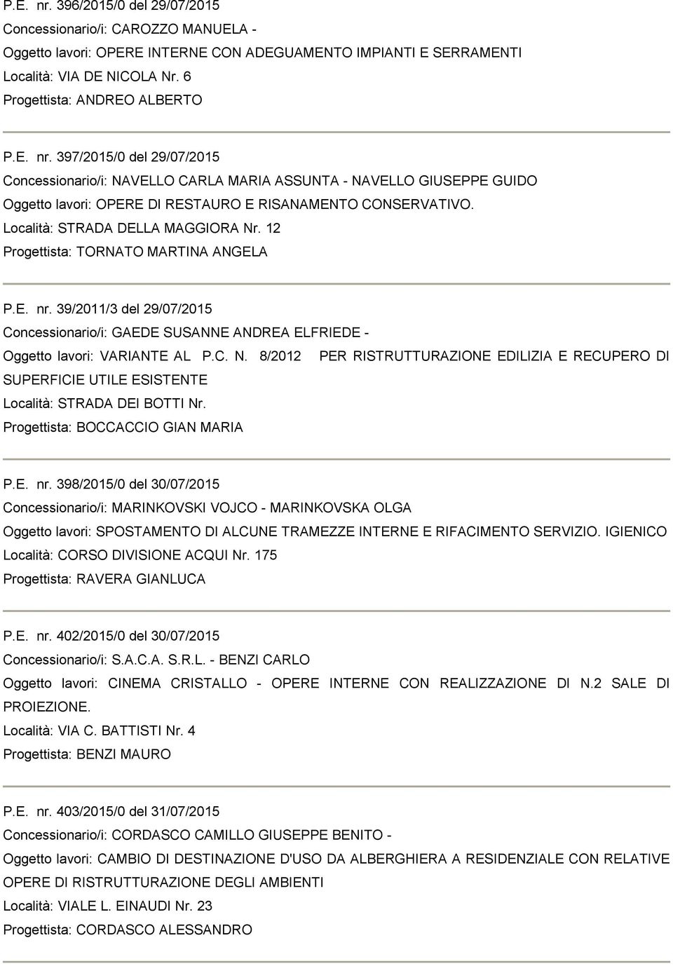 Località: STRADA DELLA MAGGIORA Nr. 12 Progettista: TORNATO MARTINA ANGELA P.E. nr. 39/2011/3 del 29/07/2015 Concessionario/i: GAEDE SUSANNE ANDREA ELFRIEDE - Oggetto lavori: VARIANTE AL P.C. N. 8/2012 PER RISTRUTTURAZIONE EDILIZIA E RECUPERO DI SUPERFICIE UTILE ESISTENTE Località: STRADA DEI BOTTI Nr.