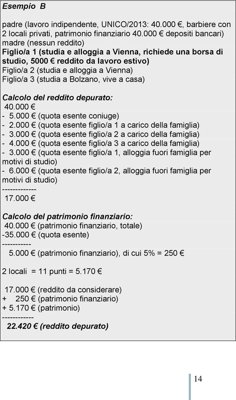 (studia a Bolzano, vive a casa) Calcolo del reddito depurato: 40.000-5.000 (quota esente coniuge) - 2.000 (quota esente figlio/a 1 a carico della famiglia) - 3.