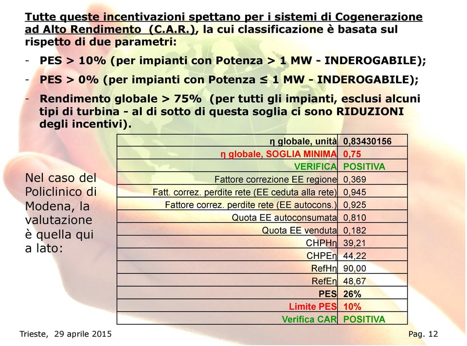 ), la cui classificazione è basata sul rispetto di due parametri: - PES > 10% (per impianti con Potenza > 1 MW - INDEROGABILE); - PES > 0% (per impianti con Potenza 1 MW - INDEROGABILE); - Rendimento