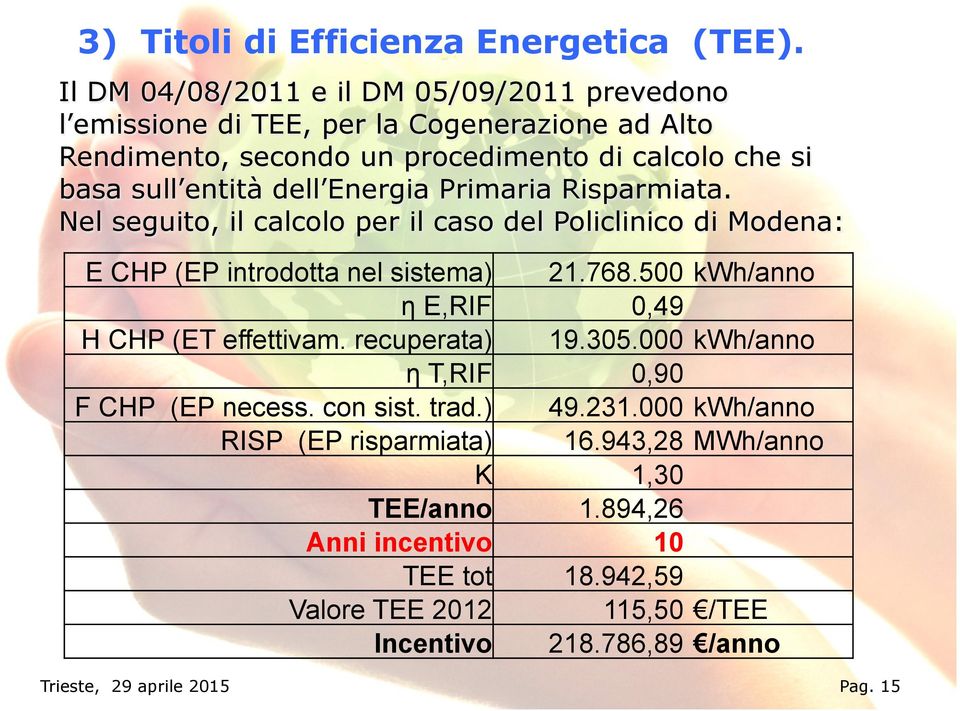 Energia Primaria Risparmiata. Nel seguito, il calcolo per il caso del Policlinico di Modena: E CHP (EP introdotta nel sistema) 21.768.