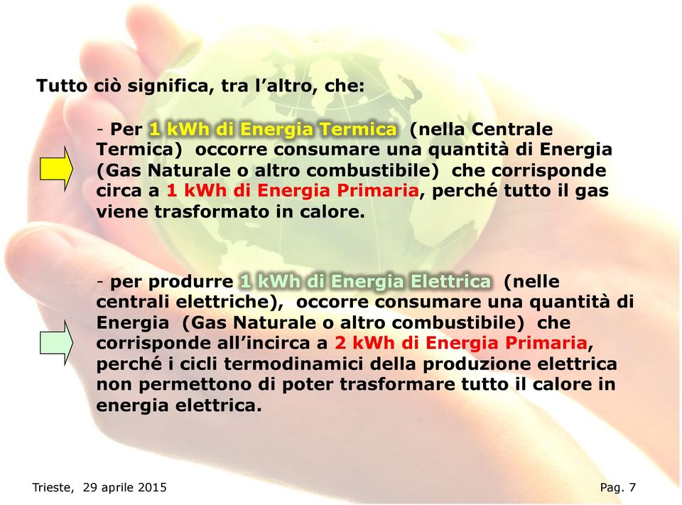 - per produrre 1 kwh di Energia Elettrica (nelle centrali elettriche), occorre consumare una quantità di Energia (Gas Naturale o altro combustibile) che