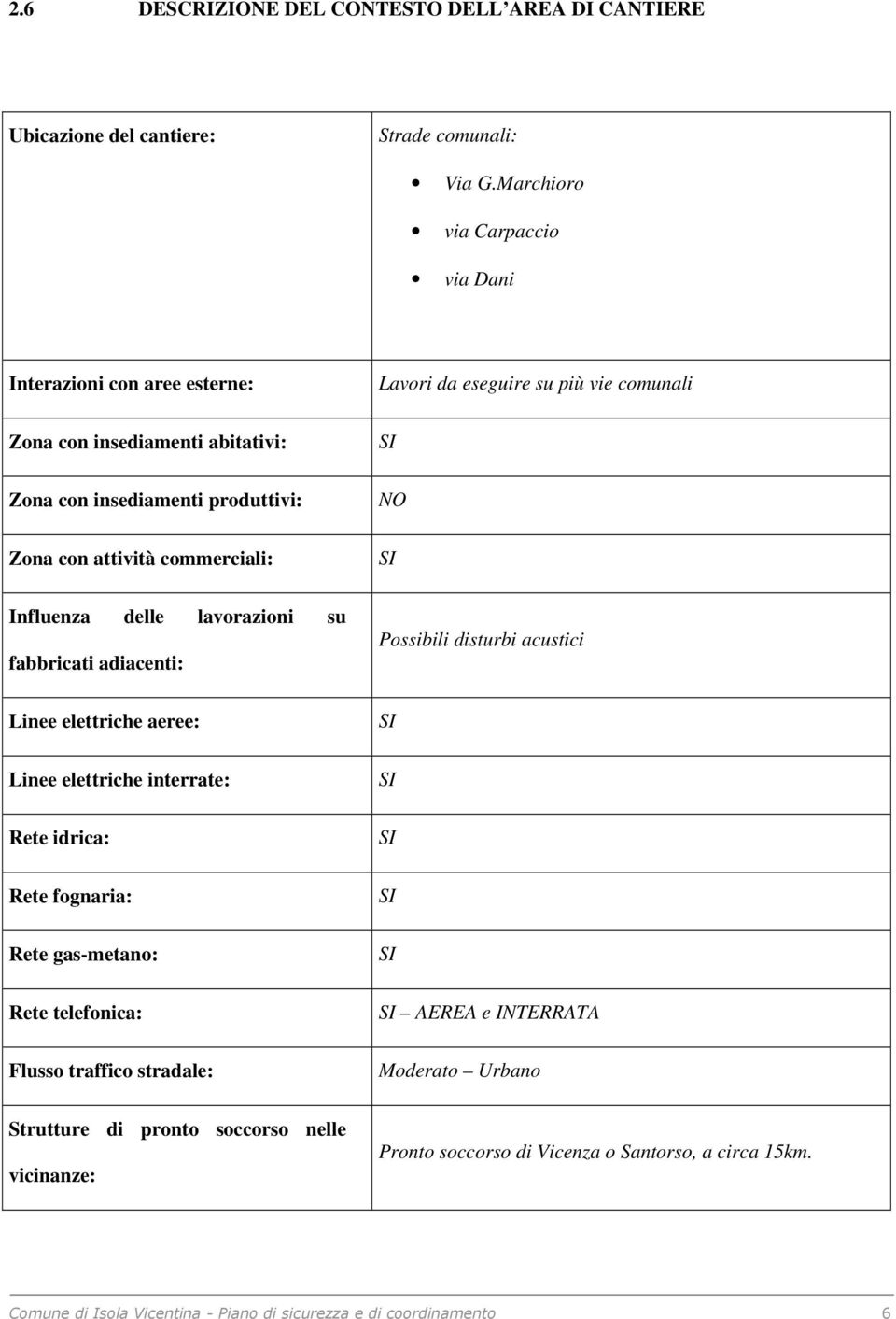 vie comunali SI NO SI Influenza delle lavorazioni su fabbricati adiacenti: Linee elettriche aeree: Linee elettriche interrate: Rete idrica: Rete fognaria: Rete gas-metano: Rete