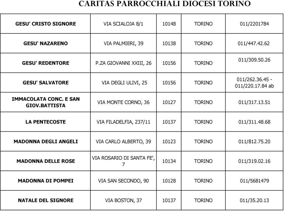 BATTISTA VIA MONTE CORNO, 36 10127 TORINO 011/317.13.51 LA PENTECOSTE VIA FILADELFIA, 237/11 10137 TORINO 011/311.48.