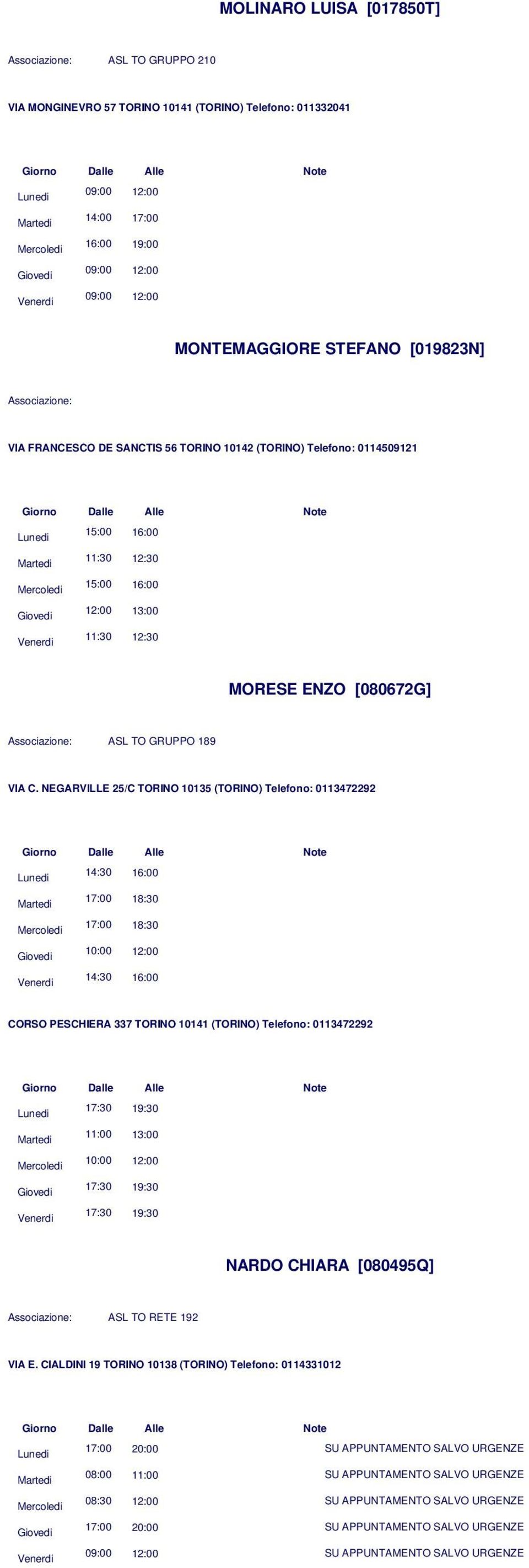 NEGARVILLE 25/C TORINO 10135 (TORINO) Telefono: 0113472292 14:30 16:00 17:00 18:30 17:00 18:30 14:30 16:00 CORSO PESCHIERA 337 TORINO 10141 (TORINO) Telefono: