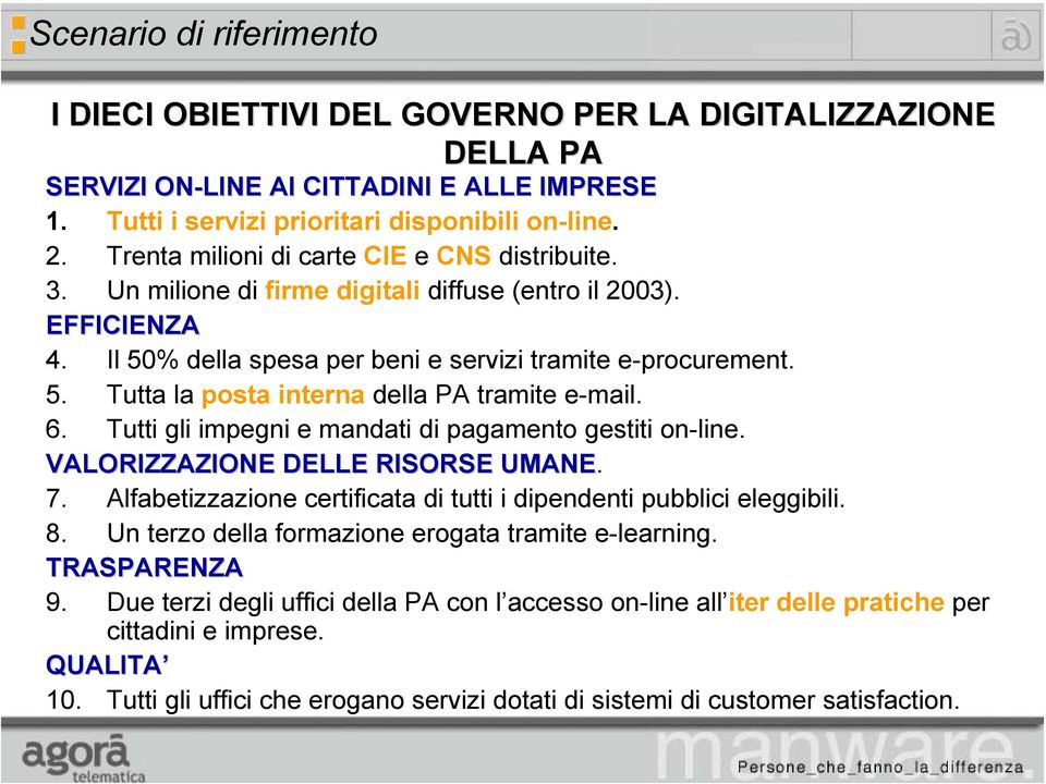 6. Tutti gli impegni e mandati di pagamento gestiti on-line. VALORIZZAZIONE DELLE RISORSE UMANE. 7. Alfabetizzazione certificata di tutti i dipendenti pubblici eleggibili. 8.